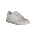 White Calvin Klein polyurethane men's sneaker with sleek design and lace-up closure, shown from a side angle.