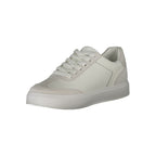 Calvin Klein white polyurethane men's sneaker with sleek design, white laces, and casual athletic style.