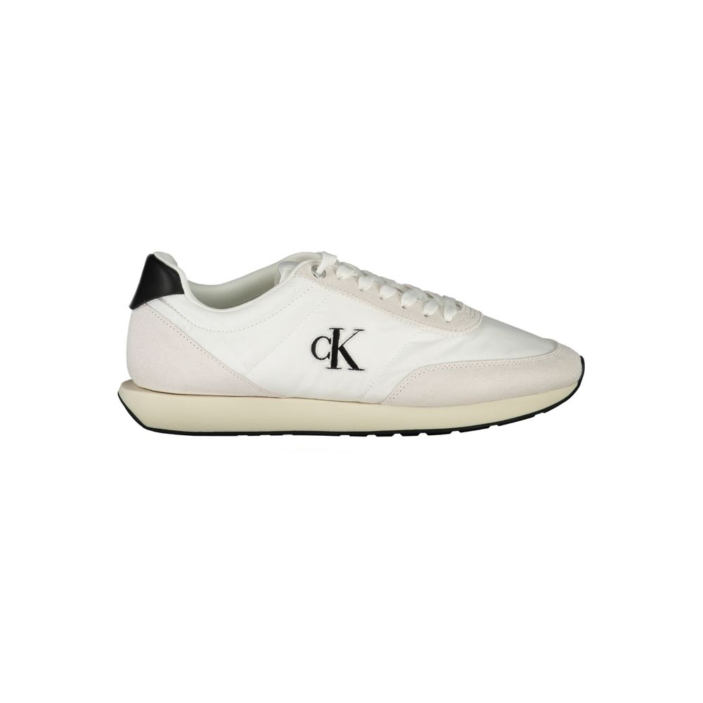 Calvin Klein white polyester men's sneaker with sleek design and white laces, featuring the Calvin Klein logo on the side.