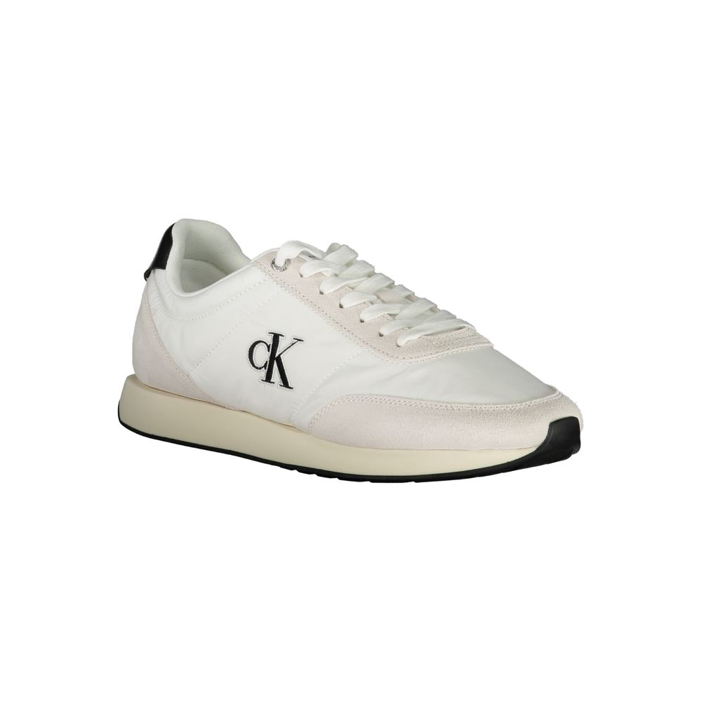 Calvin Klein white polyester men's sneaker with sleek design and lace-up closure, showcasing a sporty casual footwear style.