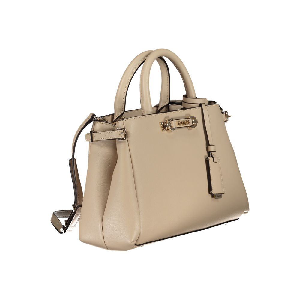 Guess Jeans beige polyurethane women's handbag with sleek design and top handle, featuring gold-tone accents and spacious interior.