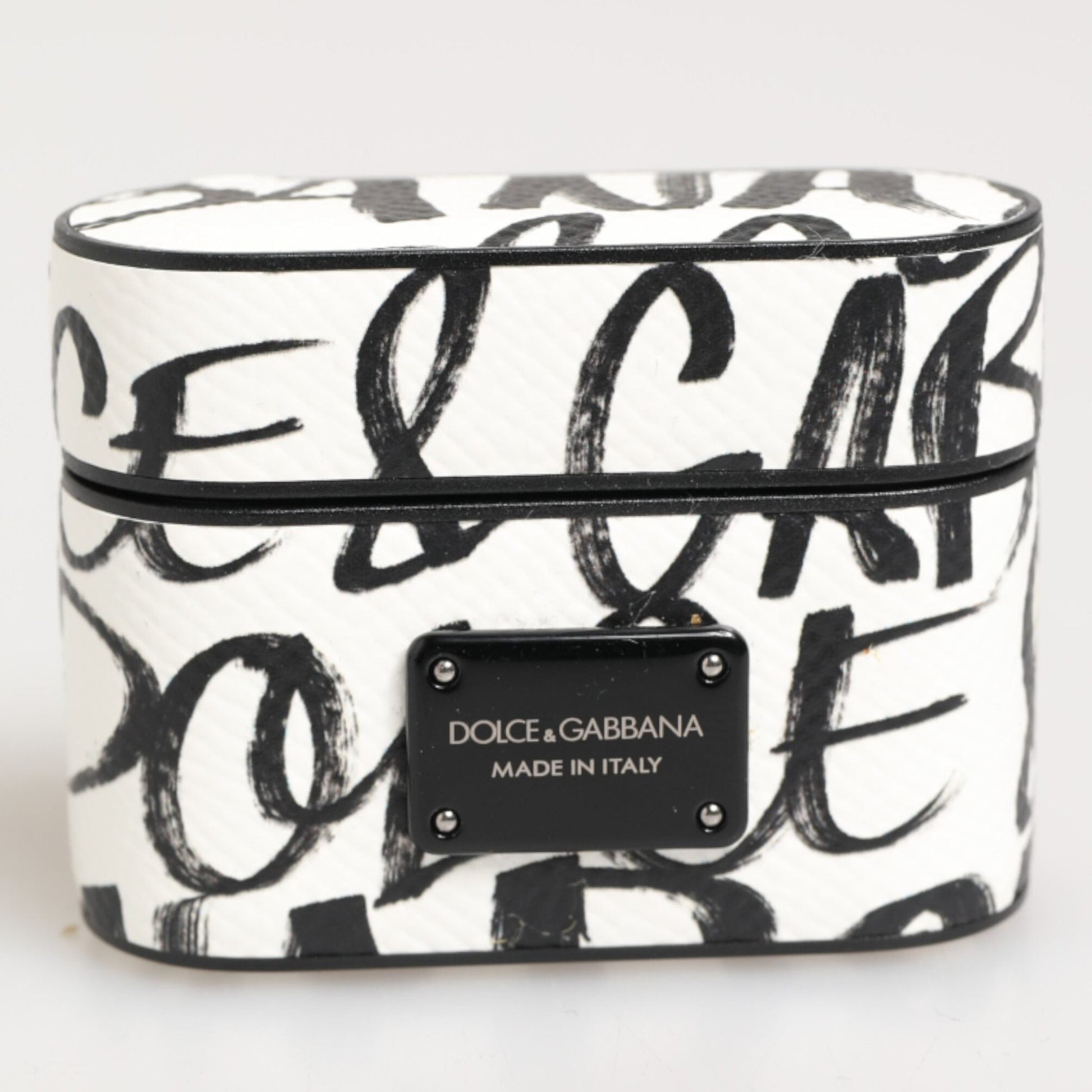 Dolce & Gabbana Black White Leather Monogram Print Logo Holder Airpods Case
