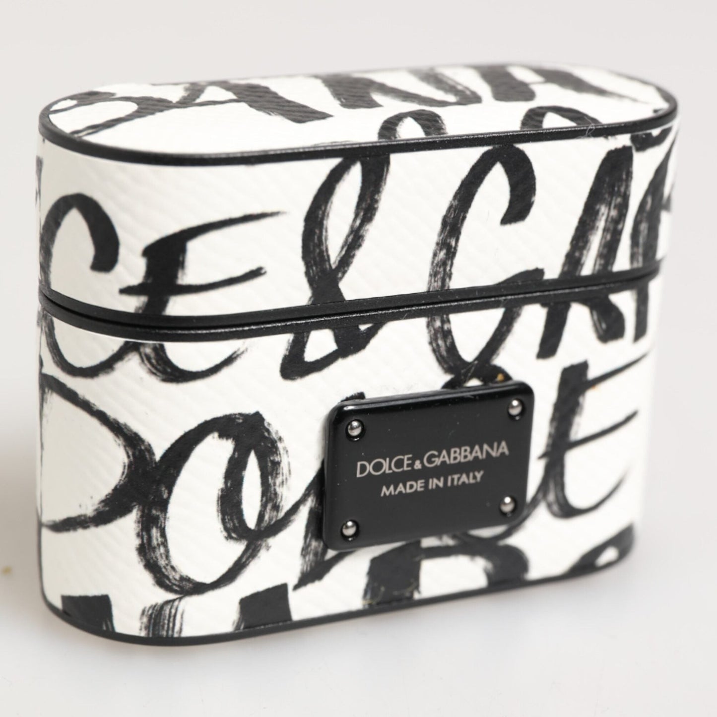 Dolce & Gabbana Black White Leather Monogram Print Logo Holder Airpods Case
