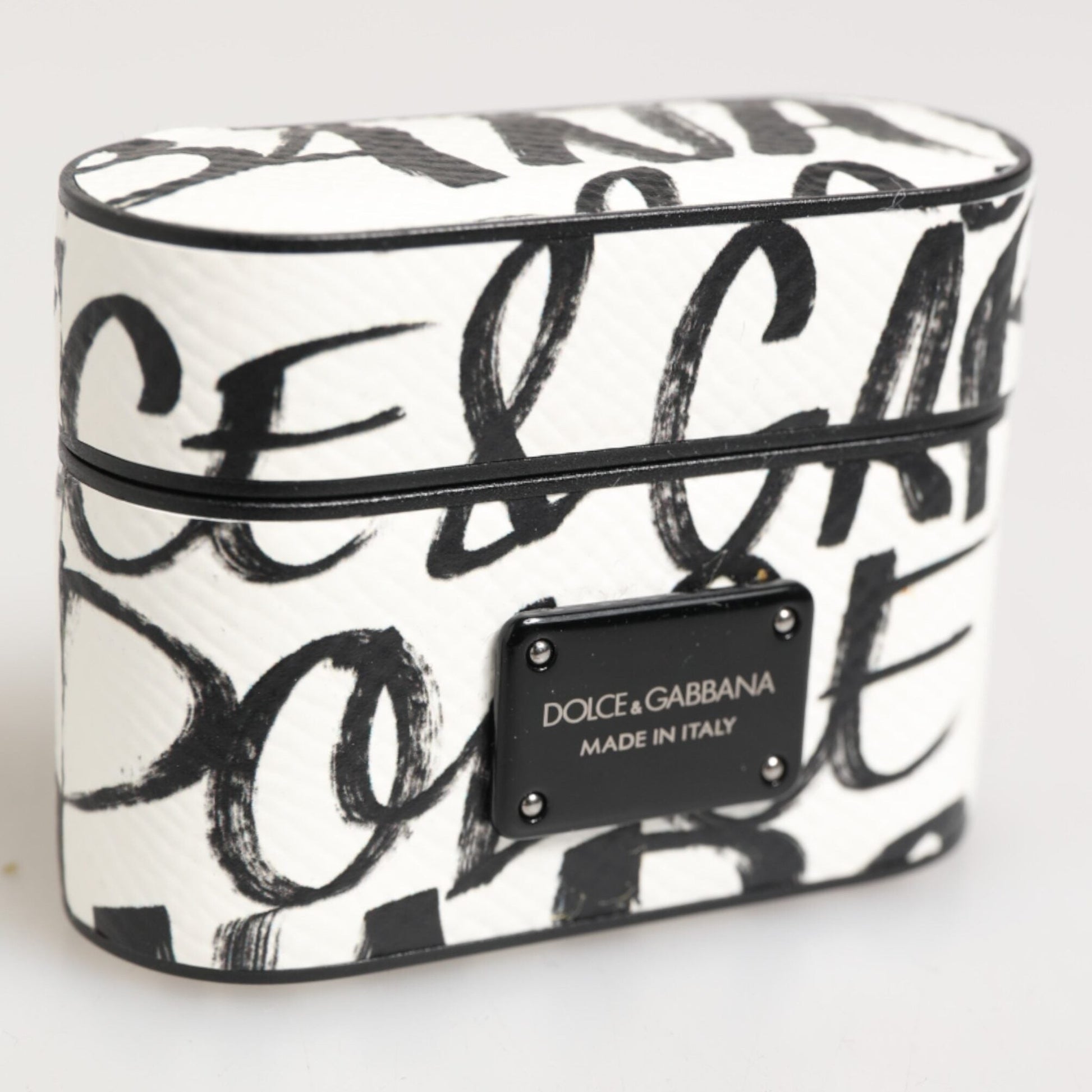 Dolce & Gabbana Black White Leather Monogram Print Logo Holder Airpods Case