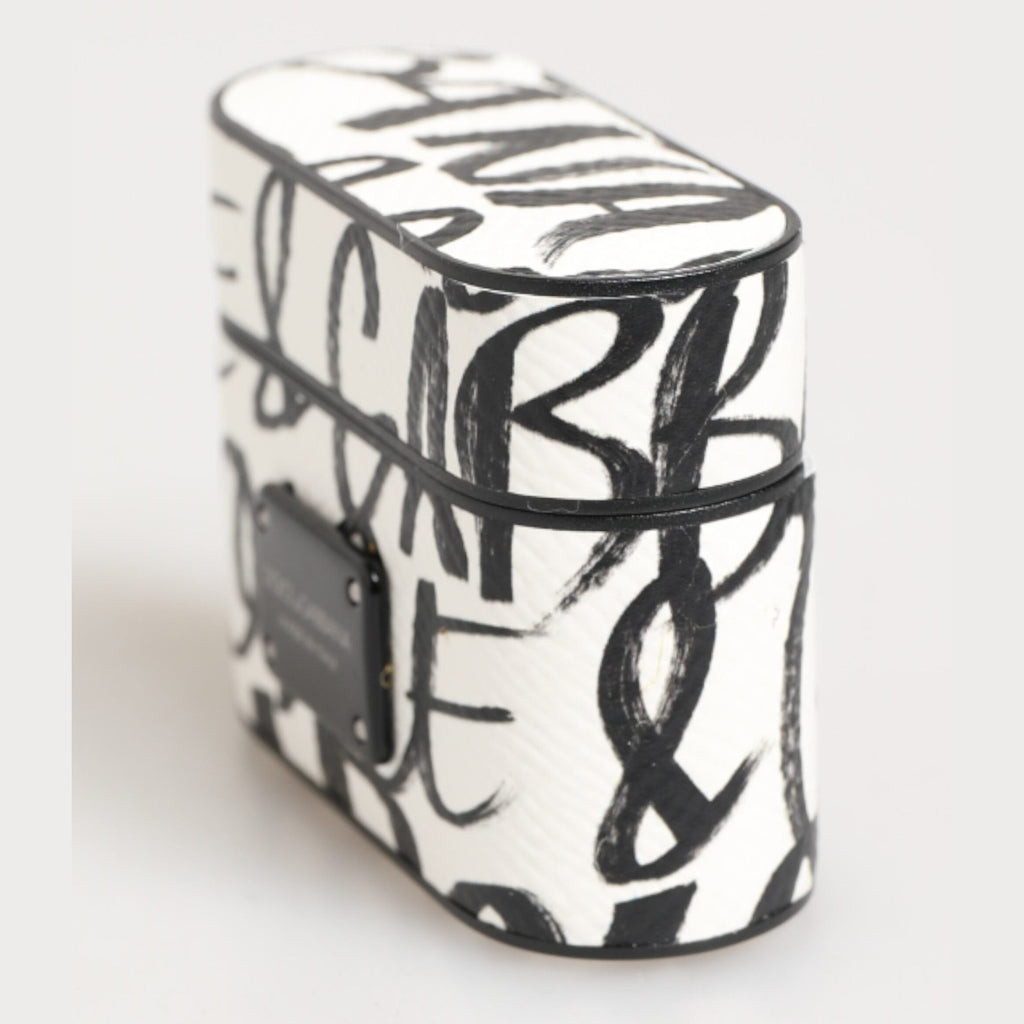 Dolce & Gabbana Black White Leather Monogram Print Logo Holder Airpods Case