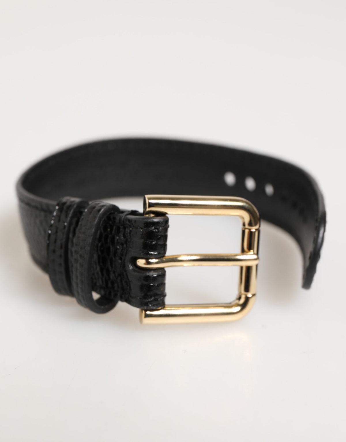 Dolce & Gabbana Black Embossed Leather Gold Buckle Belt Strap Bracelet - Eljoys Fashion 