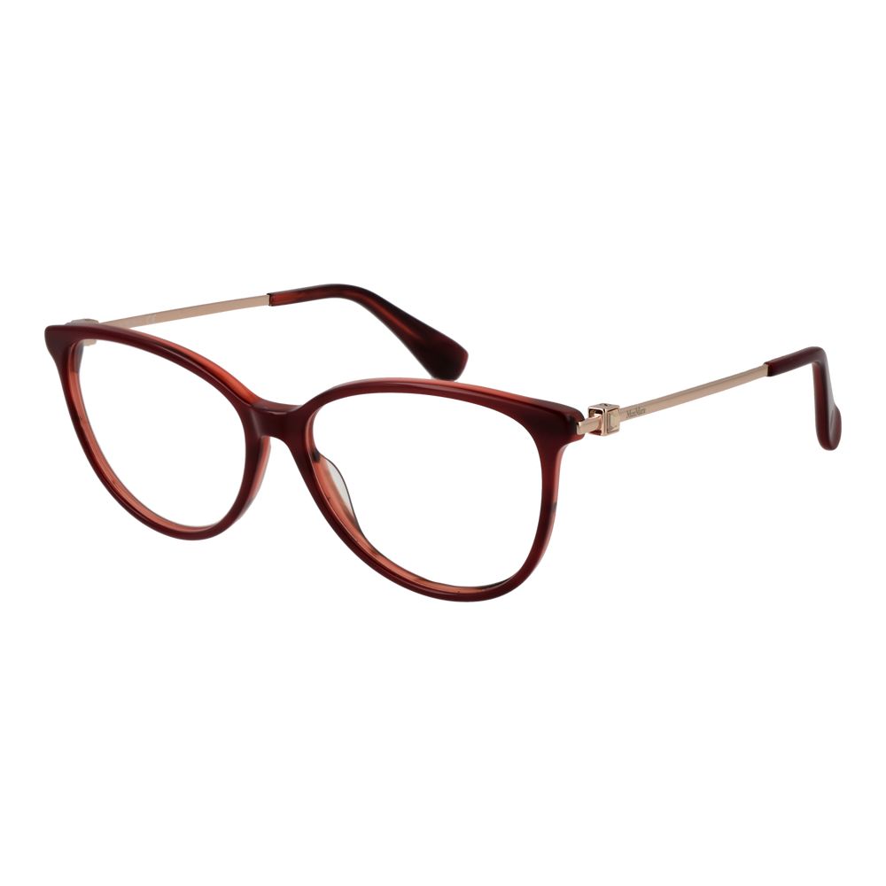 Max Mara red acetate glasses frames with a stylish, modern design, featuring sleek temples and clear lenses.