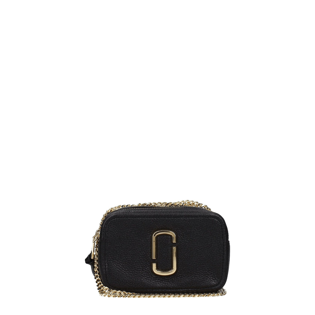 Black leather Marc Jacobs crossbody bag with adjustable strap and silver hardware, featuring a sleek, compact design.