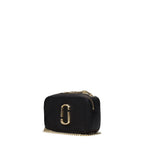 Black leather Marc Jacobs crossbody bag with adjustable strap and sleek design, featuring subtle branding and compact size.