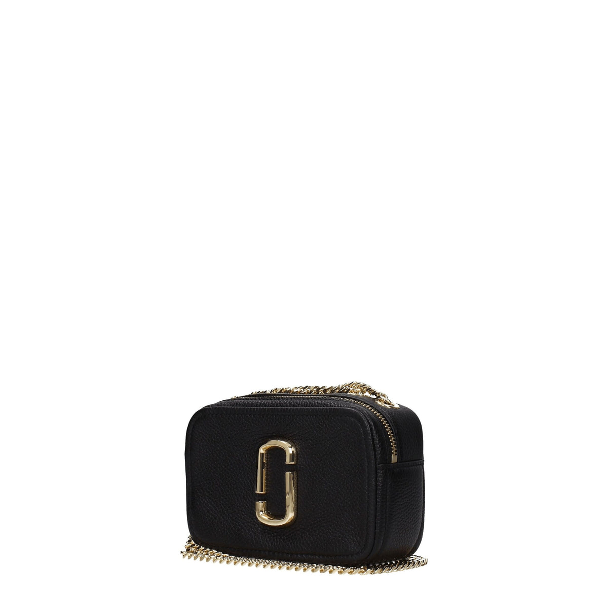 Black leather Marc Jacobs crossbody bag with adjustable strap and sleek design, featuring subtle branding and compact size.