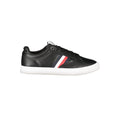 Black Tommy Hilfiger men's polyester sneaker with white sole and branding, viewed from the side.