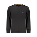 Hugo Boss black cotton men's sweater displayed on a hanger, featuring a classic crew neck and smooth fabric texture.