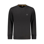 Hugo Boss black cotton men's sweater displayed on a hanger, featuring a classic crew neck and smooth fabric texture.