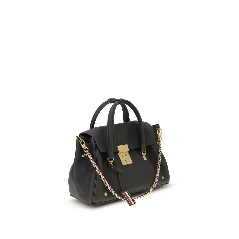 Thom Browne gray calf leather Bos Taurus handbag with structured design and silver hardware, stylish and elegant accessory.