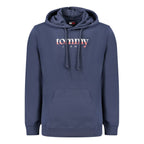 Blue cotton men's hooded sweatshirt by Tommy Hilfiger, featuring a front pocket and adjustable drawstrings.