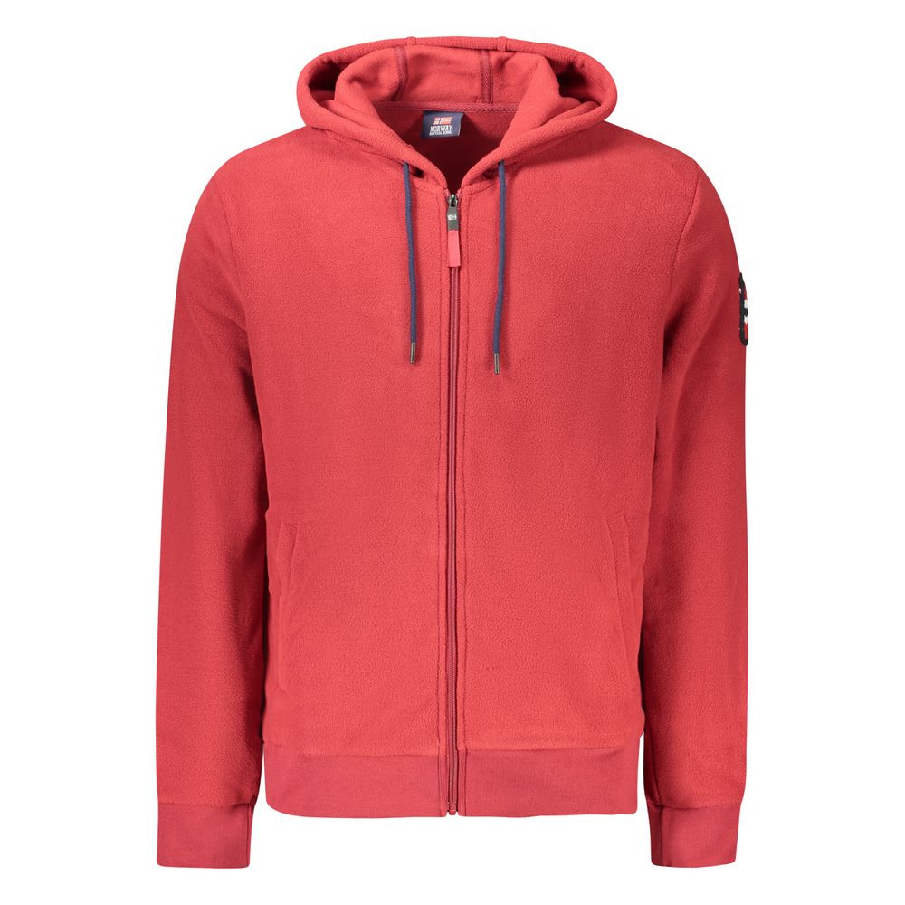 Norway 1963 red polyester men's hooded sweatshirt with front pocket and adjustable drawstrings, casual activewear style.