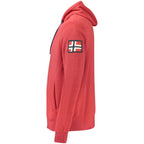 Norway 1963 red polyester men's hooded sweatshirt with front pocket and drawstring hood, casual and comfortable style.
