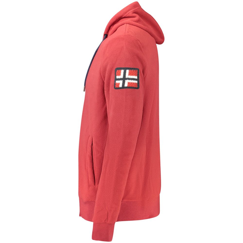 Norway 1963 red polyester men's hooded sweatshirt with front pocket and drawstring hood, casual and comfortable style.