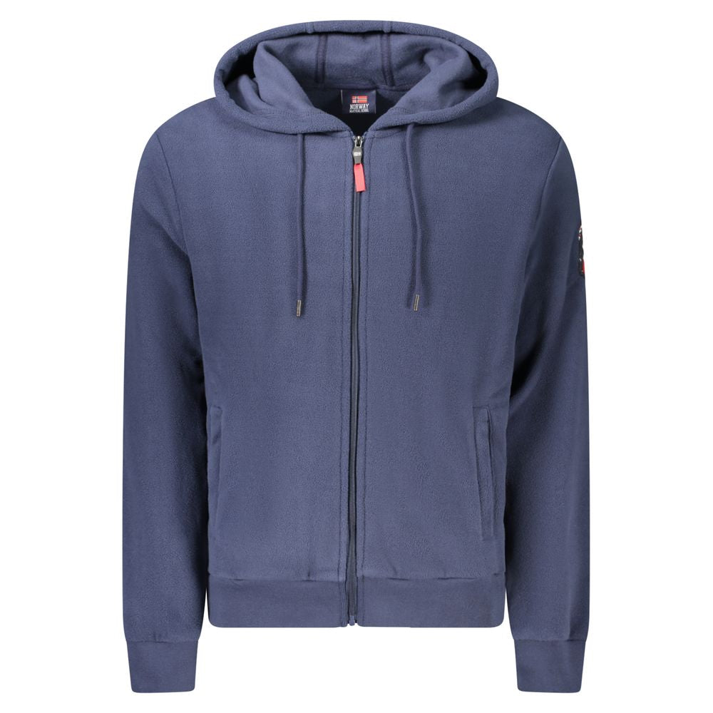 Norway 1963 blue polyester men's hooded sweatshirt with front pocket and adjustable drawstrings, casual streetwear style.