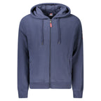 Norway 1963 blue polyester men's hooded sweatshirt with front pocket and adjustable drawstrings, casual streetwear style.