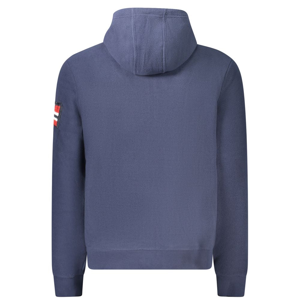 Norway 1963 blue polyester men's hooded sweatshirt with front pocket and drawstring hood, casual streetwear style.