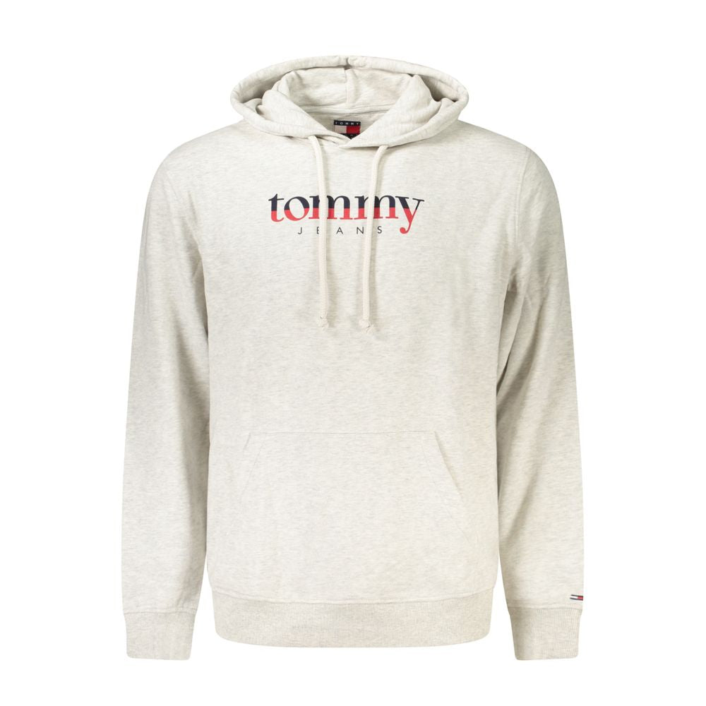 Gray cotton Tommy Hilfiger men's hoodie with front pocket and adjustable drawstrings, casual and comfortable apparel.