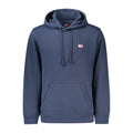 Tommy Hilfiger blue cotton men's hoodie displayed on a hanger with front view, featuring the brand logo on the chest.