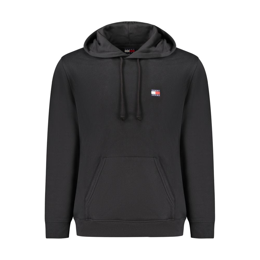 Black cotton men's hoodie by Tommy Hilfiger with front kangaroo pocket and logo embroidery, casual and comfortable.