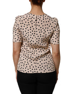Dolce & Gabbana Beige Black Polka Dot Silk Short Sleeve Blouse Top - Eljoys Fashion 