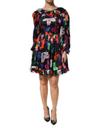 MSGM Dress Black Multicolor Floral Ruffle Long Sleeve Mini Dress - Eljoys Fashion 