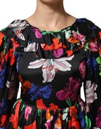 MSGM Dress Black Multicolor Floral Ruffle Long Sleeve Mini Dress - Eljoys Fashion 