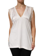 PINKO White Silk Blend Lace Trim Sleeveless V-Neck Women’s Top - Eljoys Fashion 