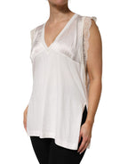 PINKO White Silk Blend Lace Trim Sleeveless V-Neck Women’s Top - Eljoys Fashion 