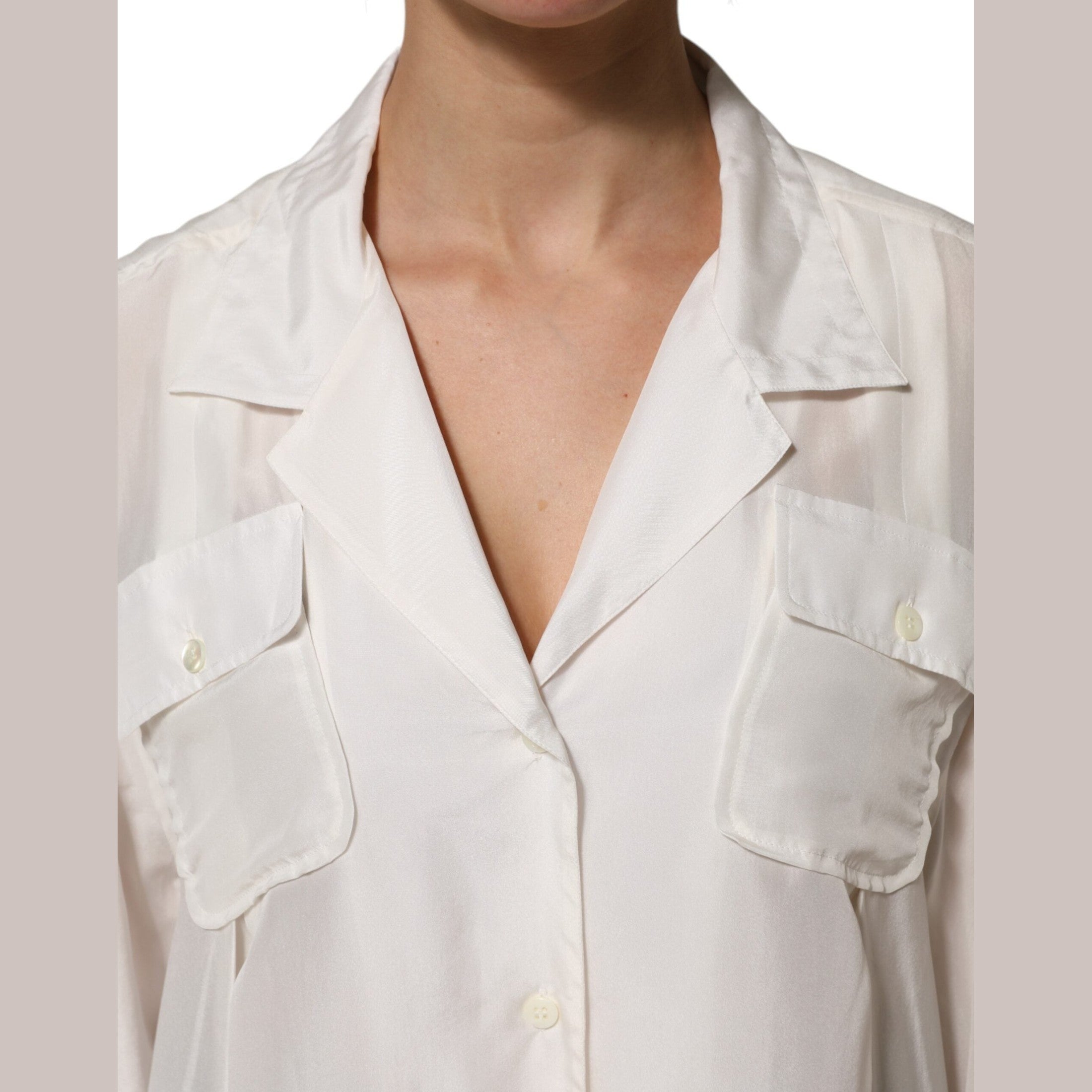 Dolce & Gabbana White Silk Collared 3/4 Sleeves Blouse Top