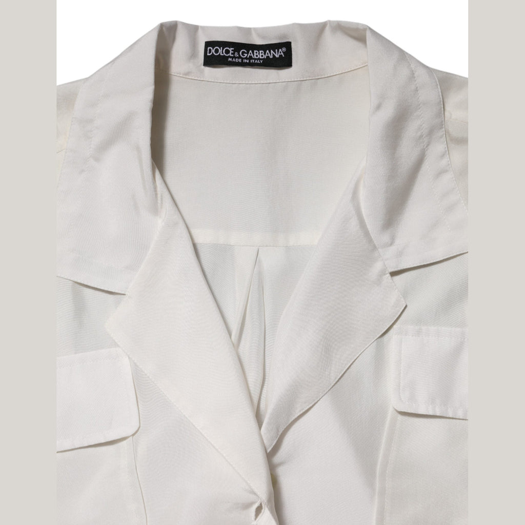 Dolce & Gabbana White Silk Collared 3/4 Sleeves Blouse Top