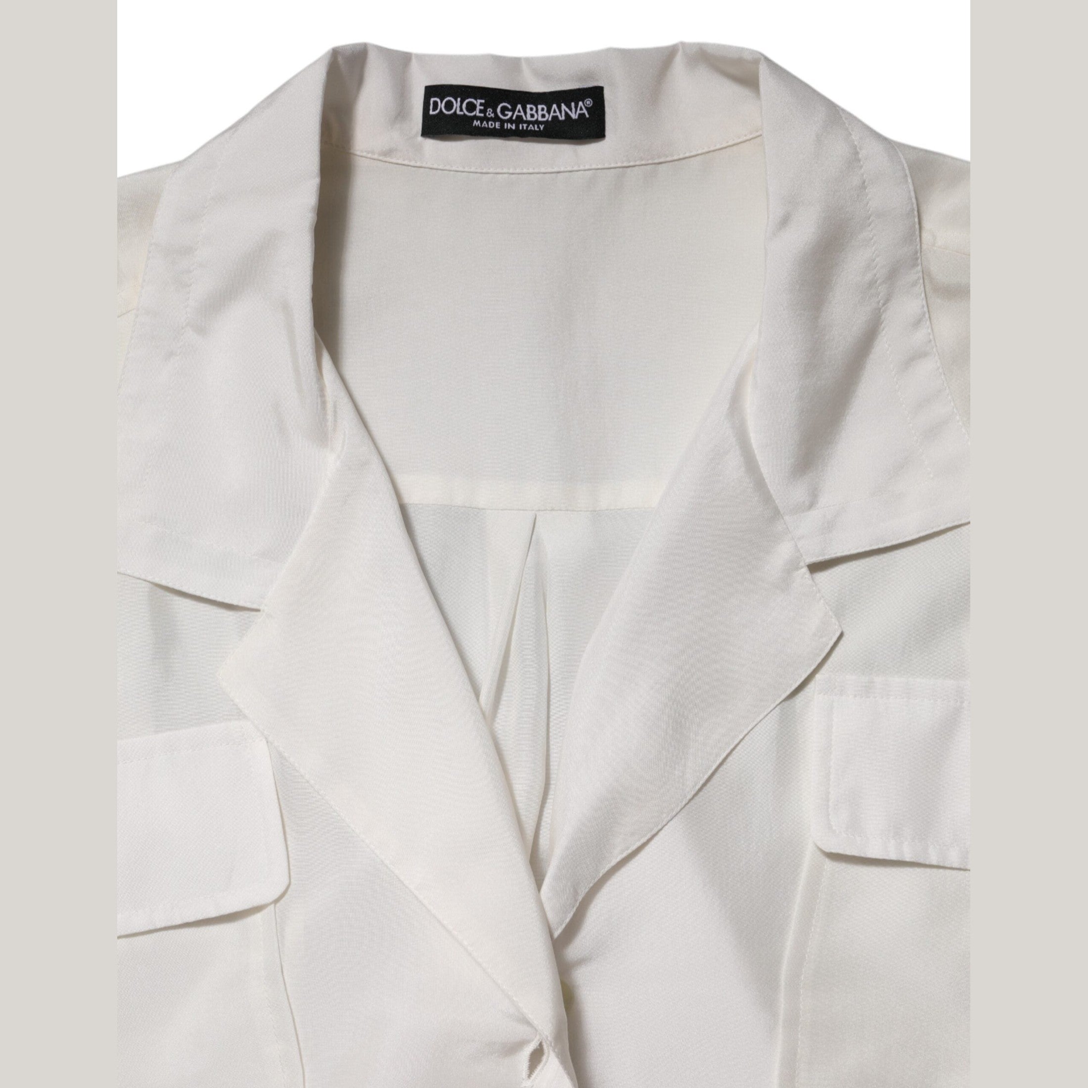 Dolce & Gabbana White Silk Collared 3/4 Sleeves Blouse Top