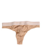 Dolce & Gabbana Beige Lace Logo Elastic Waist Thong Tanga Underwear - Eljoys Fashion 