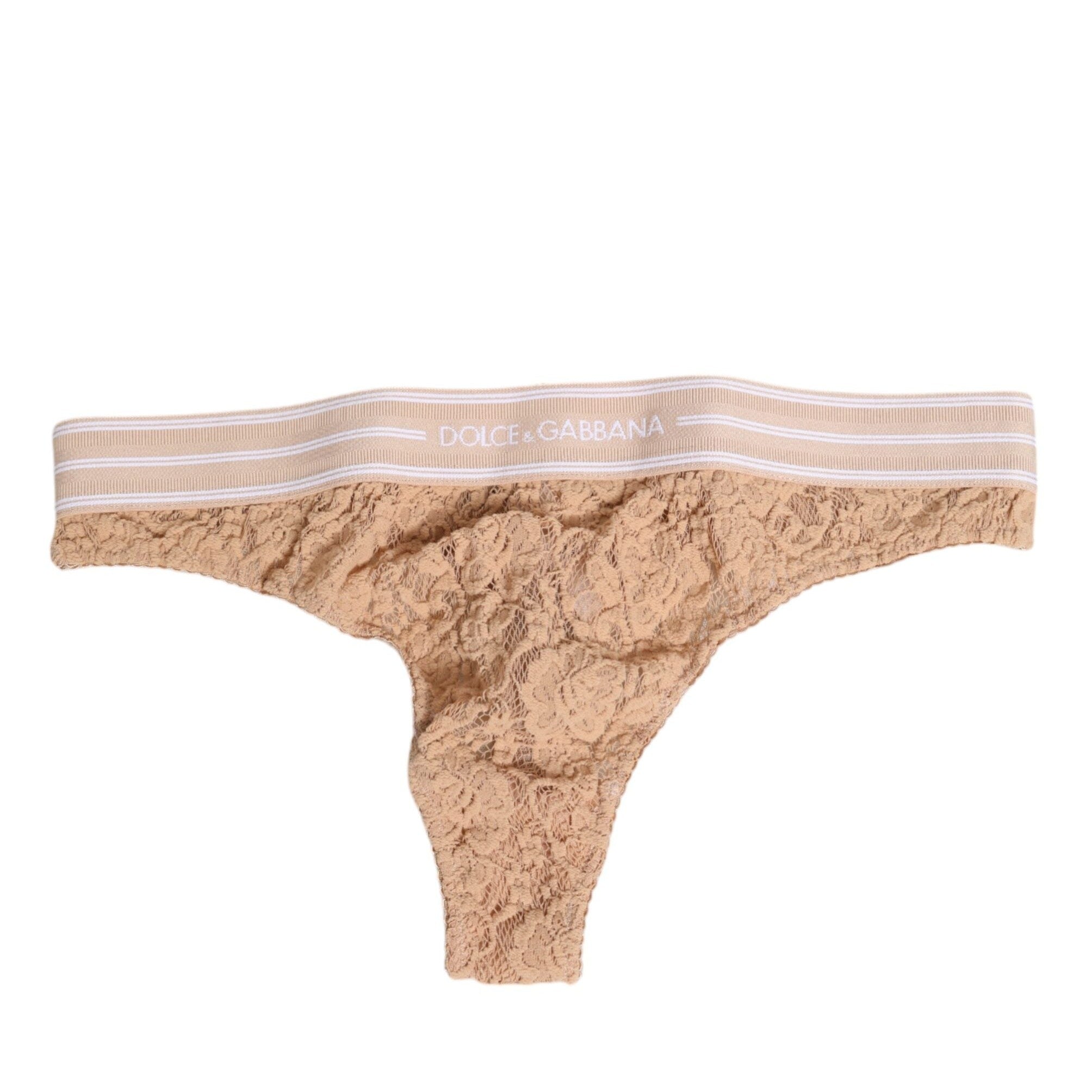 Dolce & Gabbana Beige Lace Logo Elastic Waist Thong Tanga Underwear