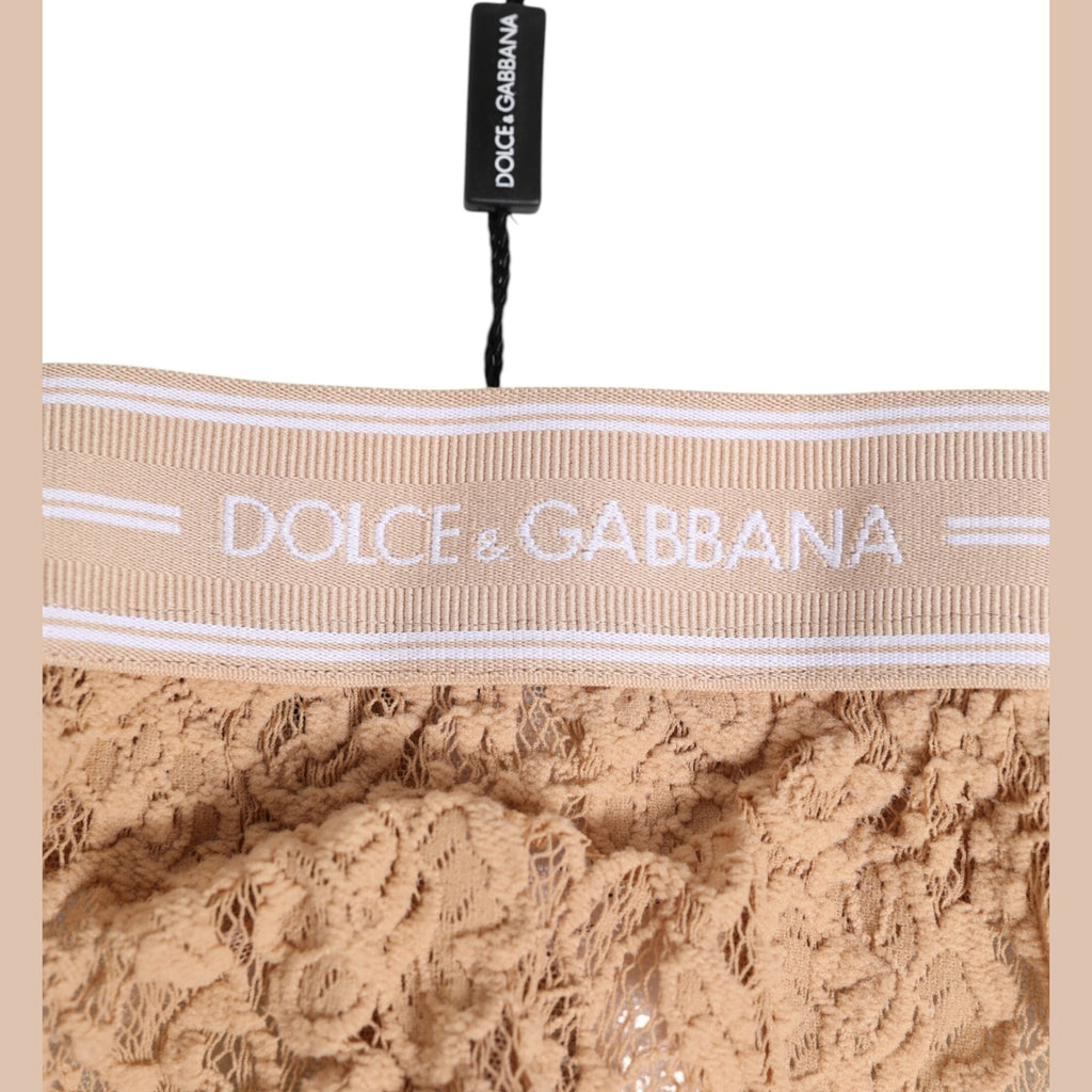 Dolce & Gabbana Beige Lace Logo Elastic Waist Thong Tanga Underwear