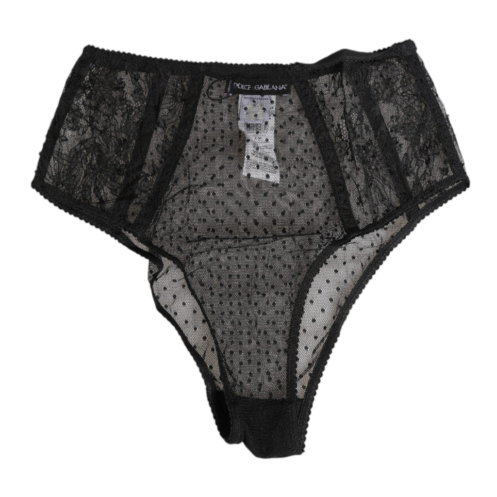 Dolce & Gabbana Black Lace Polka Dot Mesh High Waist Underwear