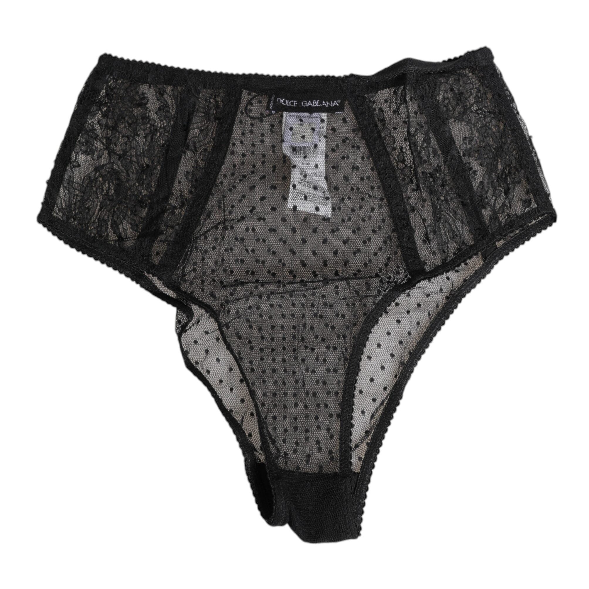 Dolce & Gabbana Black Lace Polka Dot Mesh High Waist Underwear