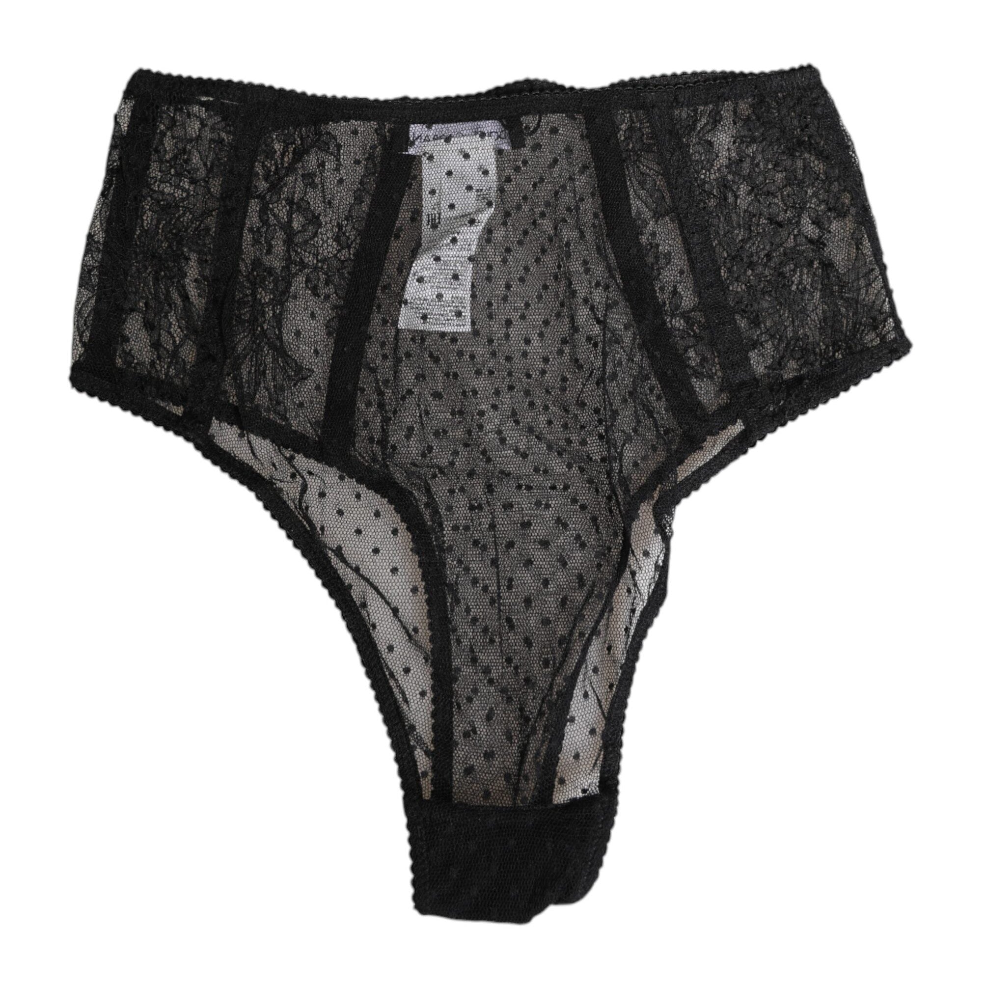 Dolce & Gabbana Black Lace Polka Dot Mesh High Waist Underwear