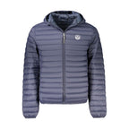 North Sails blue polyamide men's jacket shown on a hanger with a front view, lightweight and weather-resistant outdoor apparel.
