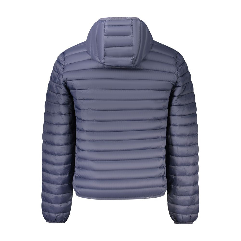 North Sails blue polyamide men's jacket displayed on a hanger, showing its lightweight, water-resistant fabric and casual style.