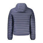 North Sails blue polyamide men's jacket displayed on a hanger, showing its lightweight, water-resistant fabric and casual style.