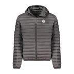 North Sails black polyester men's jacket displayed on a hanger, showcasing a sleek, water-resistant outerwear design.