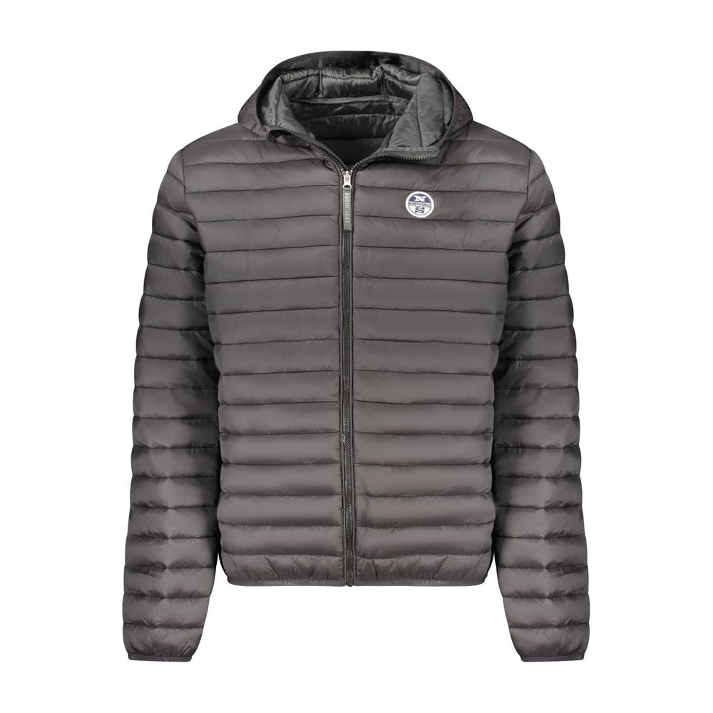 North Sails black polyester men's jacket displayed on a hanger, showcasing a sleek, water-resistant outerwear design.