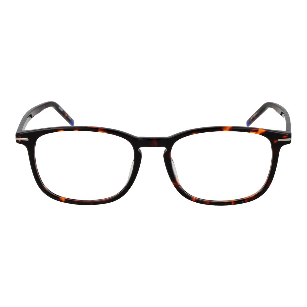 Hugo Boss brown acetate glasses frames with a stylish rectangular design, featuring clear lenses and a sleek, modern look.