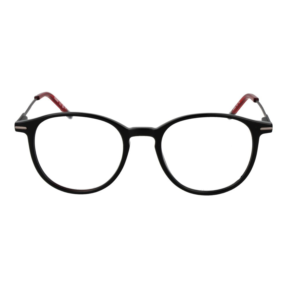 Hugo Boss black acetate glasses frames with sleek design, featuring rectangular lenses and subtle branding on the temples.