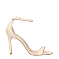 Stuart Weitzman beige leather stiletto heel sandals with open toe and ankle strap, stylish and elegant footwear for women.